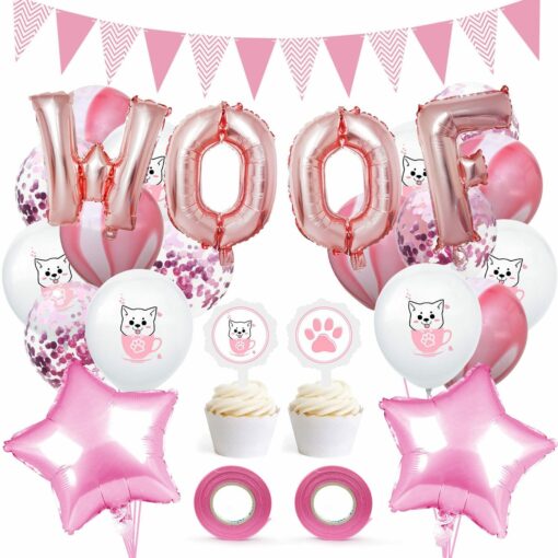 Birthday Set Teacup Dog with Plain Pink Balloons